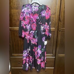 NWT Danny and Nicole Black Floral Pink Purple 3/4 Sleeve Midi Dress Size 10